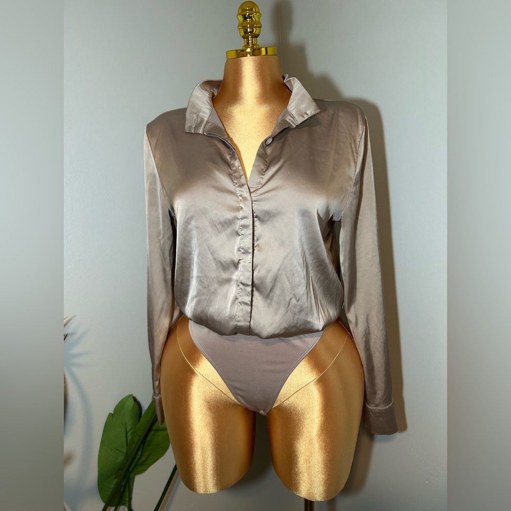 Fashion Nova Taupe Button-Front Satin Bodysuit